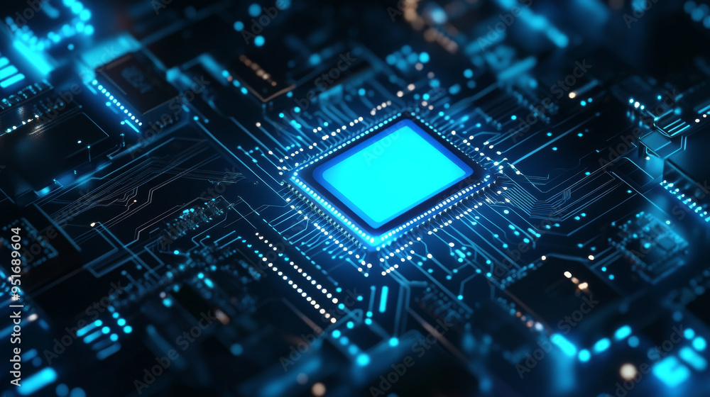Poster light blue cpu set against a dark technology background, featuring an abstract digital polygonal com