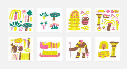 Cute ancient Egypt composition, postcards with funny hand drawn doodle totem cat, map, ra eye, chest, god figures, papyrus, plants. Old civilization, desert nature print, cover, template, banner