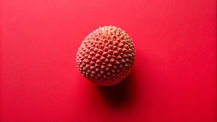 Vibrant minimalist food photography featuring a single lychee fruit on a red background