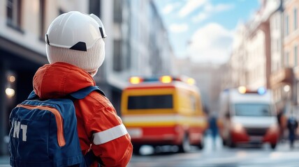 Fototapeta premium Kid witnessing a rescue unit in action, observing from a safe distance as first responders perform their duties with various rescue equipment and vehicles.