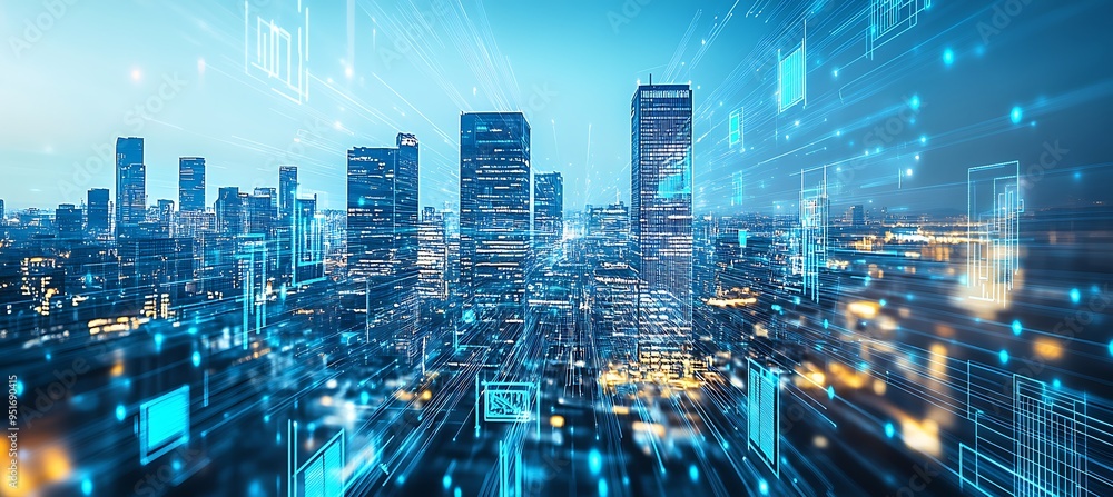 Poster a futuristic world where ai-powered smart grids illuminate with glowing holograms.