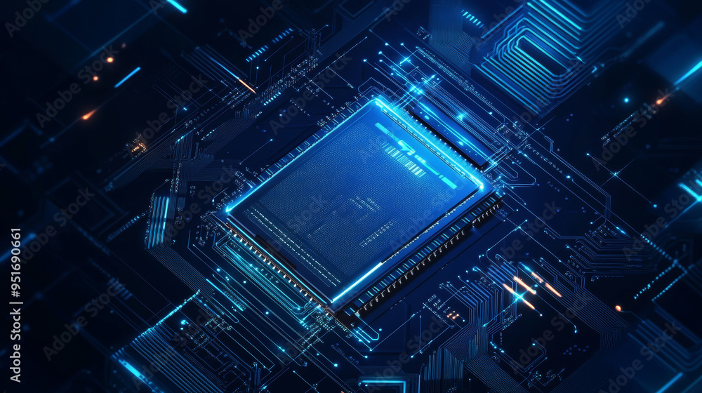 Poster light blue cpu set against a dark technology background, featuring an abstract digital polygonal com