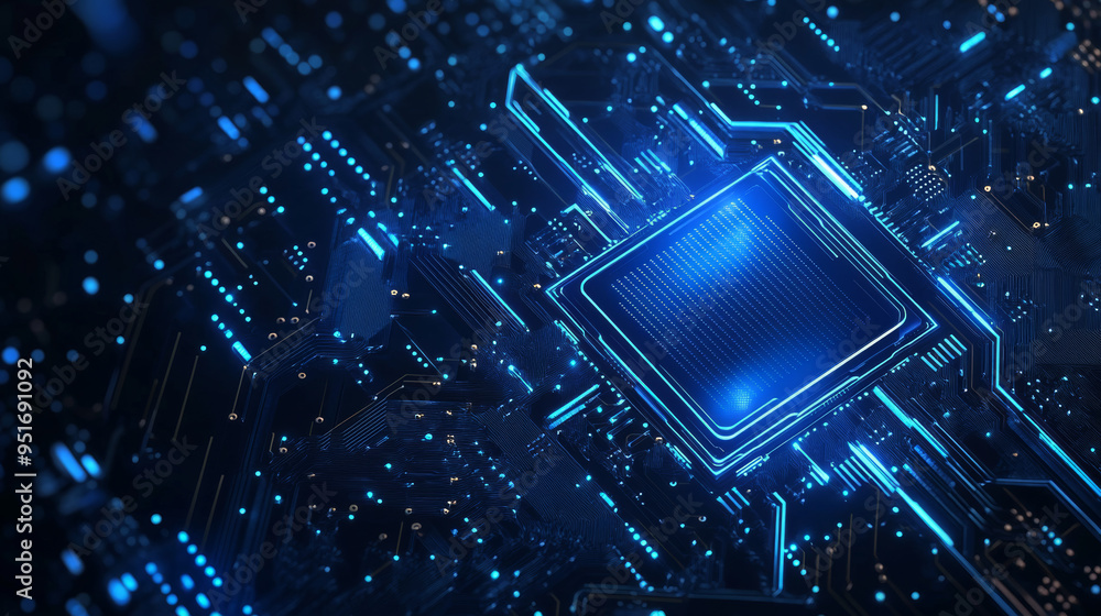 Poster light blue cpu set against a dark technology background, featuring an abstract digital polygonal com