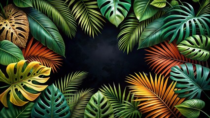 Vibrant tropical foliage border on a black background with palm branches and monstera plants