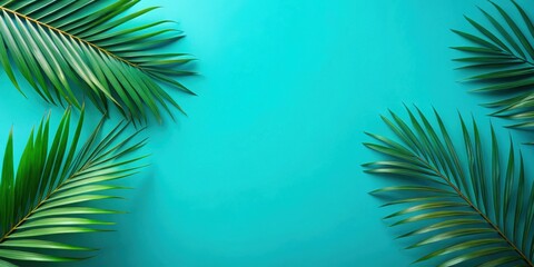 Fototapeta premium Tropical palm leaves on a vibrant turquoise background for a minimal summer concept , palm leaves, tropical, turquoise
