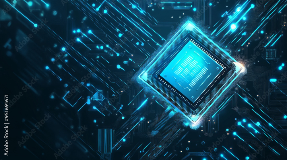 Poster light blue cpu set against a dark technology background, featuring an abstract digital polygonal com