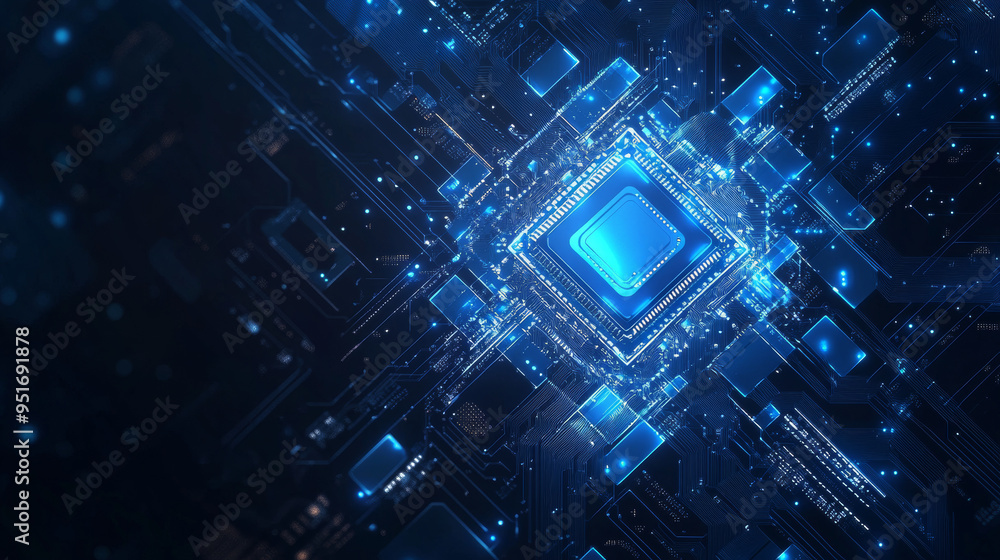 Poster light blue cpu set against a dark technology background, featuring an abstract digital polygonal com
