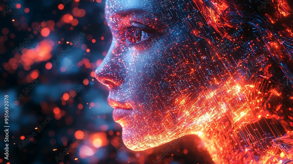 Poster an abstract digital woman�s face with glowing lines and a bokeh background reflects the fusion of te
