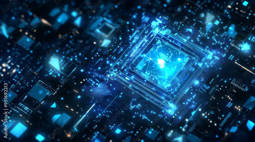 Poster light blue cpu set against a dark technology background, featuring an abstract digital polygonal com