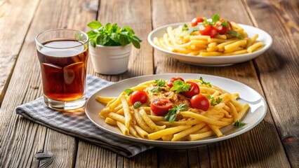 Delicious pasta dish with a side of French fries and soft drinks on the side , pasta, French fries, meal, food