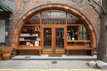 A brick building with a large arched window and a bench outside