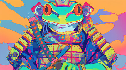 Cute frog wearing Japanese samurai armor, cool poses, cute kawaii, simple, smiling happy. neon psychedelic background