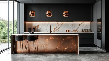 Modern kitchen with marble island and copper accents in natural light