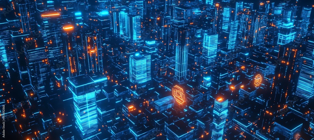 Poster a futuristic world with ai-powered smart grids and glowing holograms