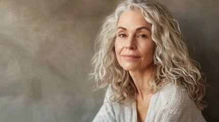 radiant middleaged woman exudes confidence and grace soft flattering lighting highlights her natural beauty elegant pose against timeless backdrop celebrates aging with style and wisdom