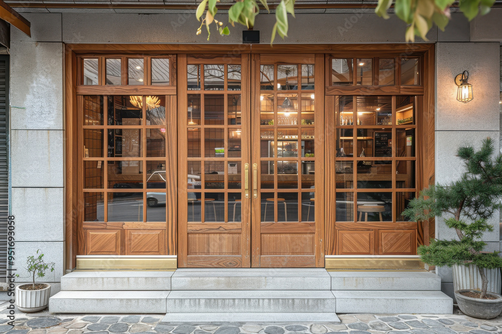 Wall mural The front of a building with a large window and a door