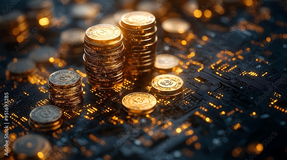 Poster stacks of bitcoin rest on a circuit board, merging the digital world of cryptocurrency with the tech
