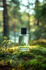 A bottle of cologne is sitting on a mossy patch of ground in a forest