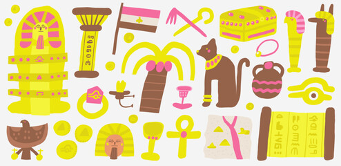 Cute ancient Egypt objects set with hand drawn doodle column, flag, date palm, eagle, totem cat, map, ra eye, chest, god figures, papyrus, sarcophagus, pharaoh, vase, whip. Old civilization icons set