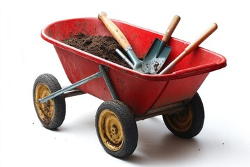 Red wheelbarrow filled with soil and plants is ready for gardening
