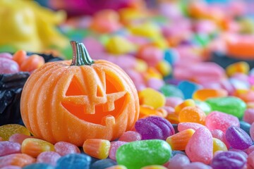 Smiling halloween pumpkin toy lying on colorful sweets - Powered by Adobe