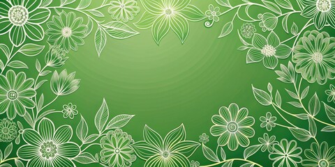 Green floral line art background with delicate flowers and leaves, floral, green, line art, background, nature, leaves