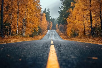 Fototapeta premium Empty asphalt road passing through forest with colorful autumn foliage