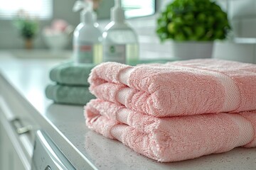 Fototapeta premium stack of pink and green towels on blurred bathroom background. laundry, washing concept. domestic use, promoting purity and freshness.