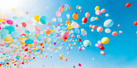 Colorful balloons floating in a vibrant blue sky during a sunny day, creating a joyful atmosphere of celebration and wonder, birthday background
