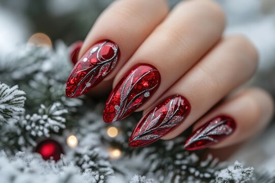 Woman hand with red christmas glitter nails holding snow covered pine branch
