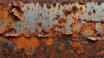 Fototapeta premium Close-up of rusty metal surface with peeling paint, showing signs of wear and tear, and time.
