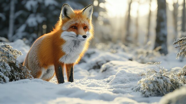 Red fox standing in a snowy forest during winter at sunrise