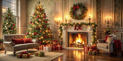 Festive living room with fireplace, decorated Christmas tree, and luxury gifts , Christmas, holiday, home decor