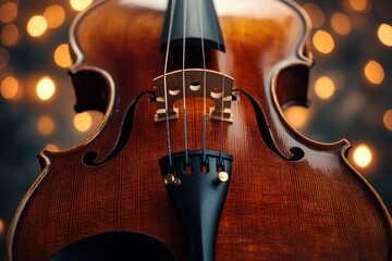 Fototapeta premium Closeup shot of a violin resting on a table with christmas lights in the background