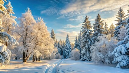 Obraz premium Winter forest covered in a blanket of fresh snow on a chilly morning, winter, forest, snow, morning, cold, trees, peaceful