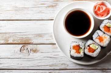 Obraz premium Delicious Sushi Rolls on White Wooden Table