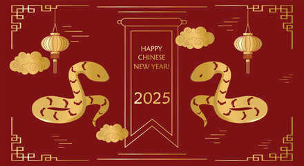 Chinese traditional pattern golden frame with snakes, Chinese gold fan, asian ornaments red background. Greeting vector card template. Lunar New Year 2025