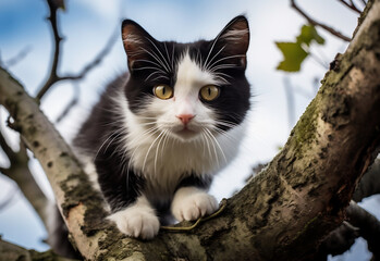 a cat climbing a tree looking at the camera, in the style of art photography, white and black, snow scenes, manga-influenced, birds-eye-view