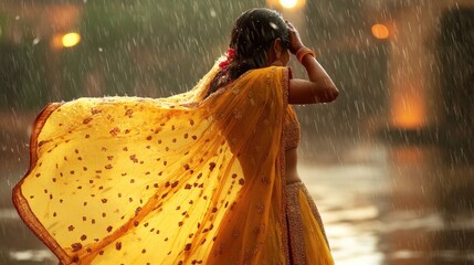 Woman dancing in the rain, her dupatta clinging to her, symbolizing freedom, joy, and cultural expression