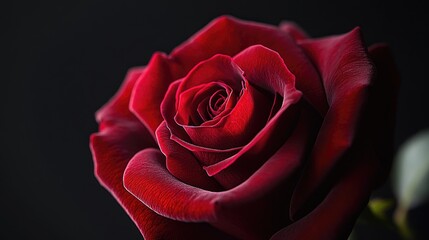 A deep crimson rose, with velvety petals, is highlighted against a black background, representing passion and desire.
