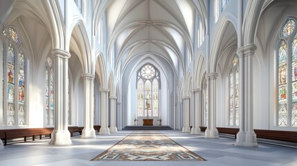 Obraz premium A serene interior of a cathedral featuring tall arches, stained glass, and an altar.