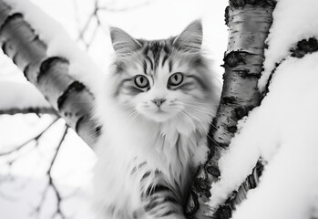 a cat climbing a tree looking at the camera, in the style of art photography, white and black, snow scenes, manga-influenced, birds-eye-view