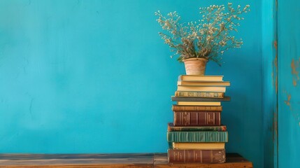 retro reading corner stack of vintage books on wooden table against vibrant blue wall evoking nostalgic atmosphere stylized photography