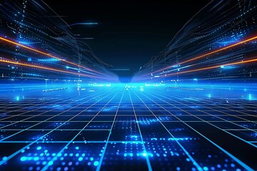 Horizon of a digital grid, blue neon lights, futuristic landscape, glowing lines, virtual reality, 3D rendering 