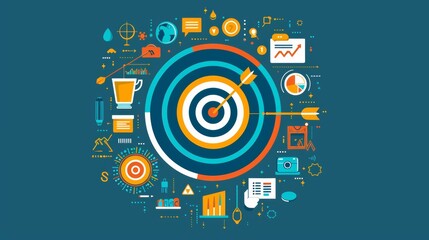 Goals from marketing companies It should be a circle with a target. There is a dart in the middle. and has various icon elements surrounding it