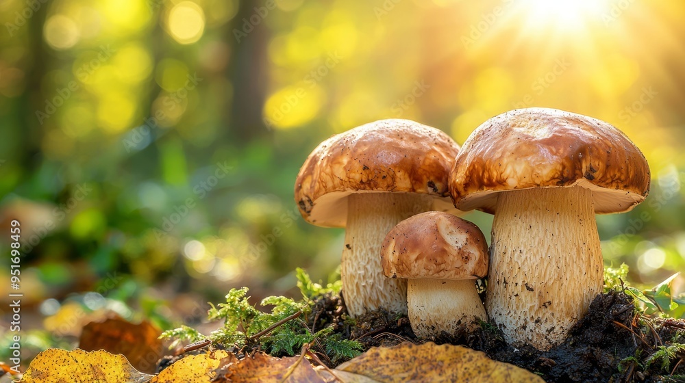 Wall mural Close-up of mushrooms growing in a forest with sunlight filtering through