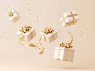 3D rendering of flying white gift boxes with golden ribbon and bow, isolated on a light background