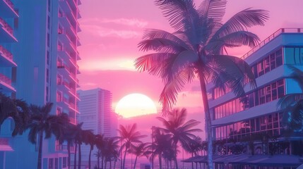 Obraz premium retrofuturistic miami beach scene in pastel hues art deco buildings neon palm trees and holographic sunset create dreamy vaporwave aesthetic