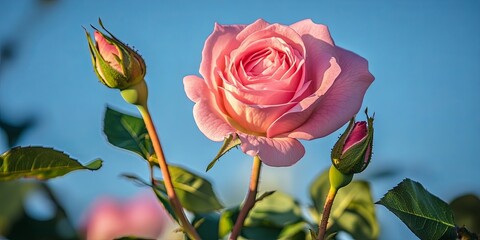 Obraz premium A single pink rose in full bloom with two buds on a sunny day.