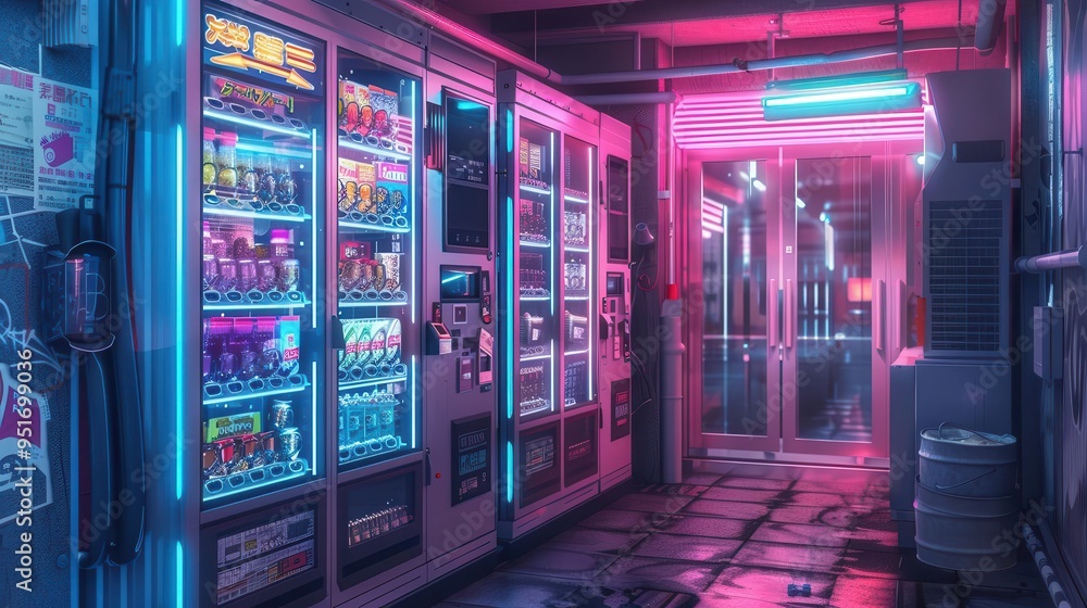 Poster retrofuturistic vending machine dispensing holographic snacks and drinks set in a neonlit cyberpunk 